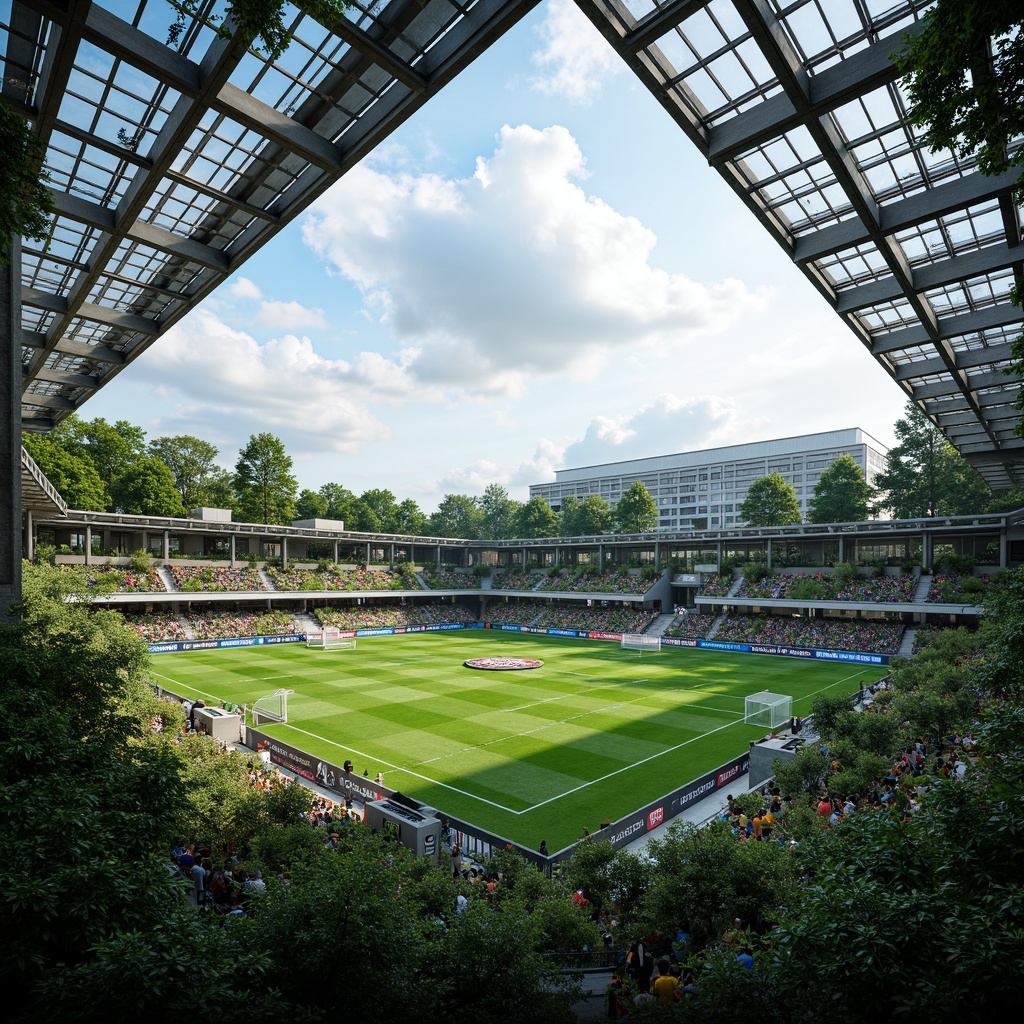 Prompt: Eco-friendly football stadium, lush green roofs, solar panels, wind turbines, rainwater harvesting systems, recycled materials, natural ventilation, large windows, transparent fa\u00e7ades, minimalist design, angular lines, modern architecture, vibrant team colors, dynamic LED lighting, shallow depth of field, 3/4 composition, panoramic view, realistic textures, ambient occlusion, grassy pitches, athletic tracks, spectator seating, concession stands, VIP lounges, media boxes, broadcast booths, press conference rooms.