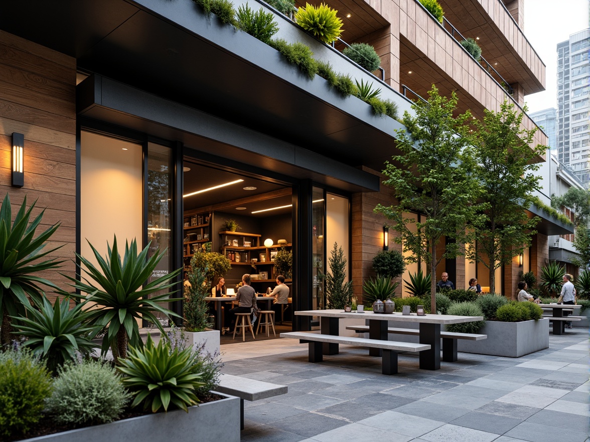 Prompt: Urban coffee shop exterior, industrial chic facade, reclaimed wood accents, living green walls, modern planters, succulent arrangements, minimalist benches, metal tables, edgy outdoor lighting, warm cozy ambiance, morning sunlight, shallow depth of field, 1/2 composition, natural textures, subtle color palette.