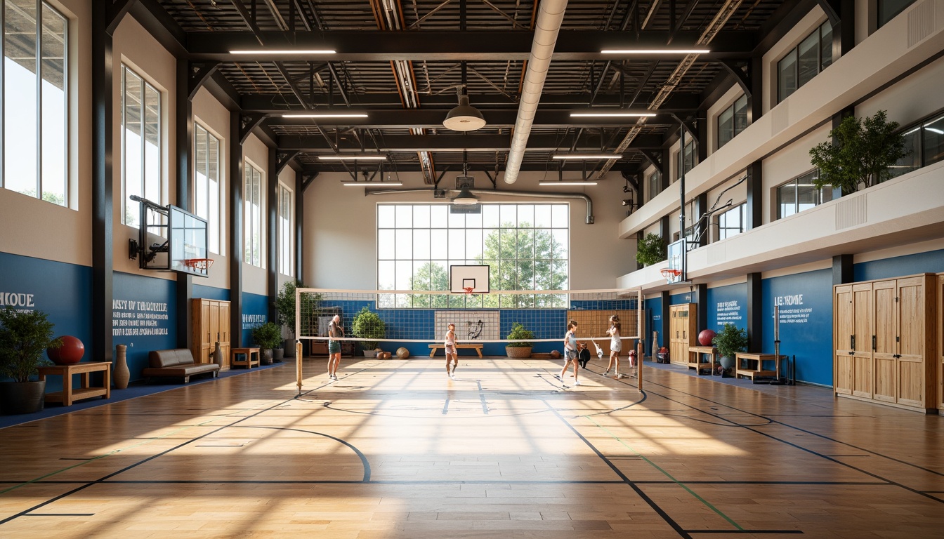 Prompt: Modern gymnasium interior, polished wooden floors, sturdy steel beams, high ceilings, natural light pouring in, large windows, athletic tracks, professional sports equipment, basketball hoops, volleyball nets, soccer goals, exercise machines, free weights, fitness balls, locker rooms, showers, mirrors, wooden benches, motivational quotes, inspirational posters, bright color schemes, energetic ambiance, softbox lighting, shallow depth of field, 1/1 composition, realistic textures, ambient occlusion.