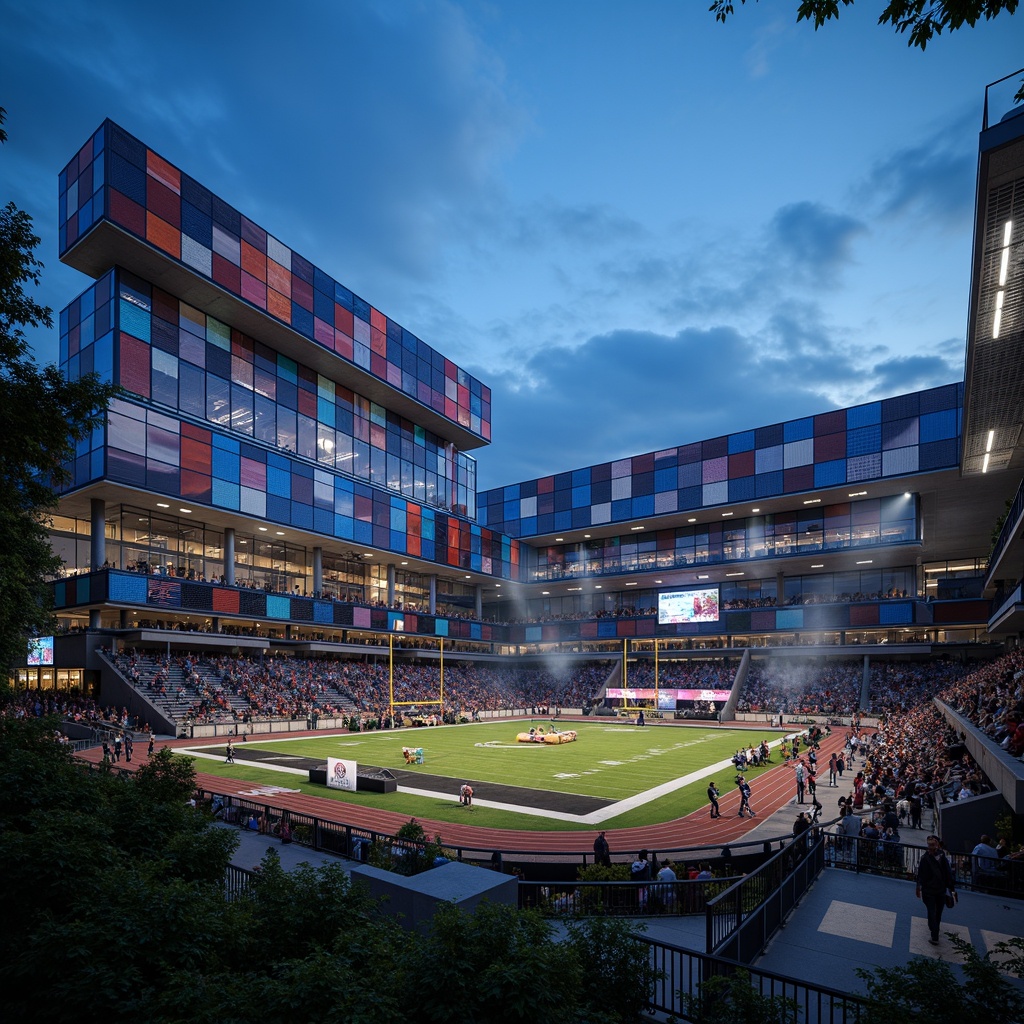 Prompt: Angular football stadium facade, cantilevered roofs, asymmetrical structures, metallic beams, bold concrete columns, vibrant team color accents, dynamic LED lighting, sleek glass surfaces, geometric patterns, modernist architecture, urban cityscape, evening ambiance, dramatic spotlighting, low-angle photography, 2.5D composition, atmospheric fog effects, realistic crowd simulation, detailed stadium seating, athletic track surrounds, goalpost silhouettes, dusk blue hour, cinematic depth of field.