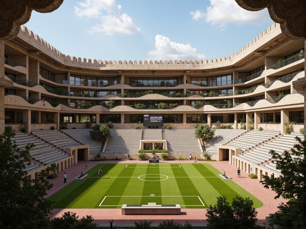 Prompt: Rustic sports stadium, ancient Roman-inspired fa\u00e7ade, archaic columns, ornate carvings, vibrant green turf, athletic track, Olympic-sized pool, modern scoreboard, sleek metal bleachers, natural stone walls, earthy tones, warm sunny day, soft diffused lighting, shallow depth of field, 3/4 composition, symmetrical architecture, realistic textures, ambient occlusion.