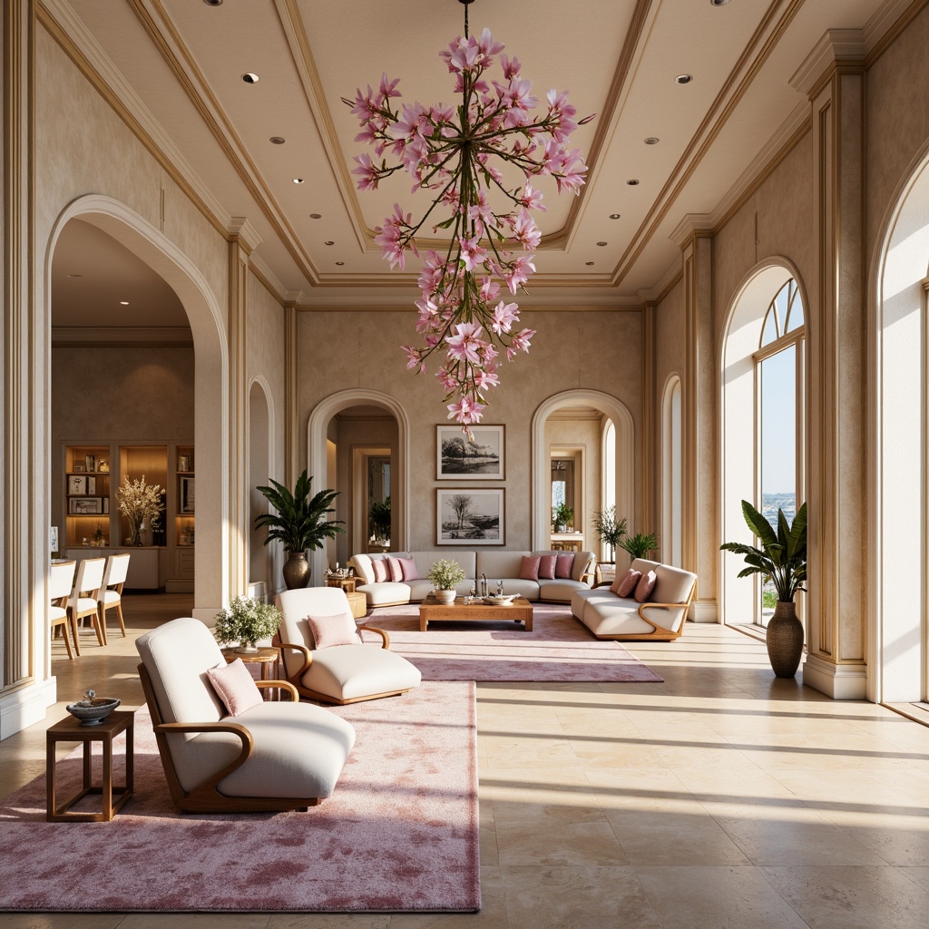 Prompt: Elegant luxury villa, orchid-inspired color scheme, soft pastel hues, delicate petals, subtle shimmer, sophisticated ambiance, warm beige walls, rich wood accents, velvety upholstery, ornate metalwork, lavish chandeliers, refined lines, harmonious balance, natural light, airy atmosphere, panoramic views, 1/1 composition, high-key lighting, realistic reflections, ambient occlusion.