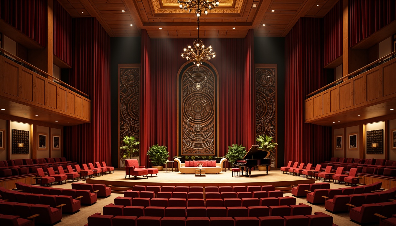 Prompt: Elegant concert house interior, sophisticated soundproofing, premium acoustic panels, refined wood furnishings, plush crimson seating, grand piano centerpieces, dramatic stage lighting, ornate chandeliers, intricate sound wave patterns, luxurious velvet drapes, richly polished wooden floors, warm intimate ambiance, soft diffused lighting, 1/1 composition, realistic textures, ambient occlusion.