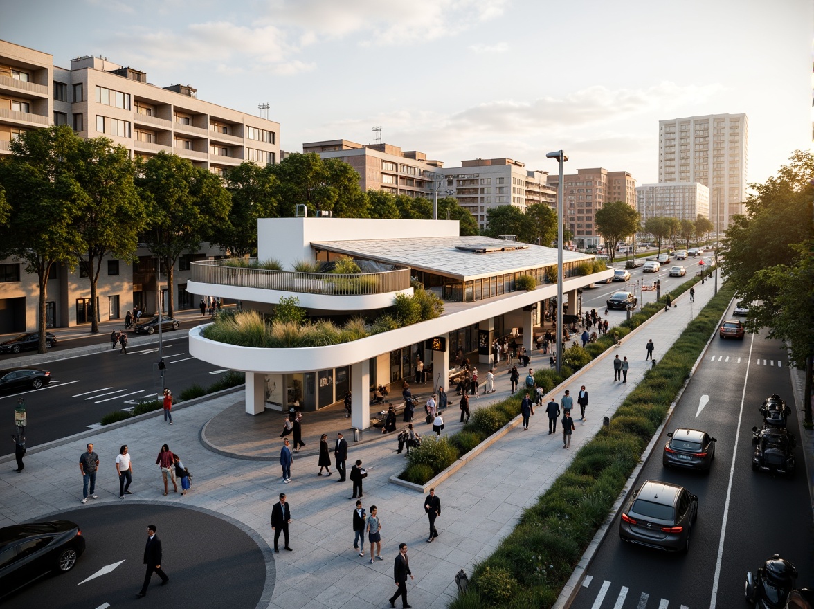 Prompt: Modern tram station, sustainable design, green roofs, solar panels, wind turbines, energy-harvesting fa\u00e7ade, LED lighting, natural ventilation, clerestory windows, minimal material usage, recycled materials, optimized thermal mass, intelligent building management system, real-time energy monitoring, eco-friendly signage, vibrant urban landscape, busy city street, morning commute, soft warm lighting, shallow depth of field, 3/4 composition, panoramic view, realistic textures, ambient occlusion.