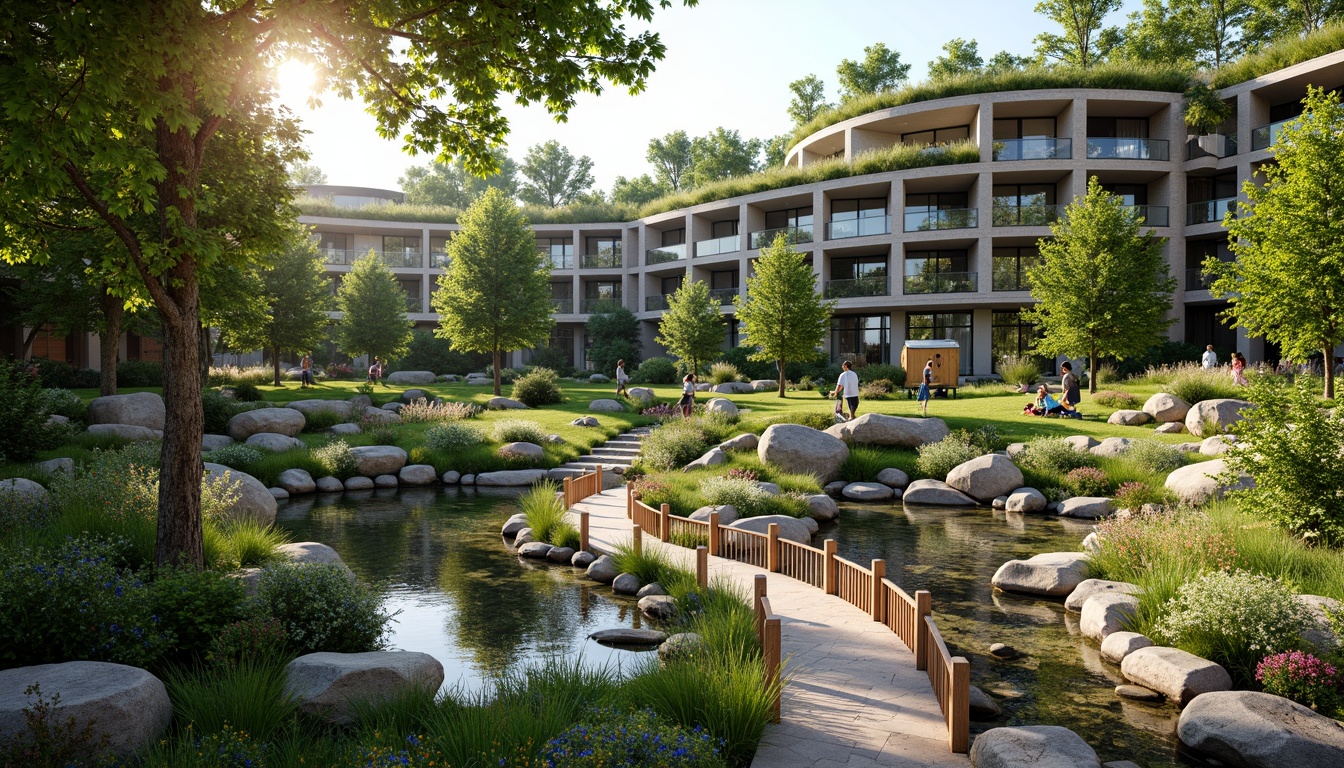 Prompt: Seamless landscape integration, lush green roofs, living walls, natural stone fa\u00e7ades, curved lines, organic architecture, blending boundaries, serene water features, koi ponds, walking trails, native flora, wildflowers, rustic wooden bridges, meandering streams, sunny afternoon, warm soft lighting, shallow depth of field, 1/1 composition, cinematic view, realistic textures, ambient occlusion.