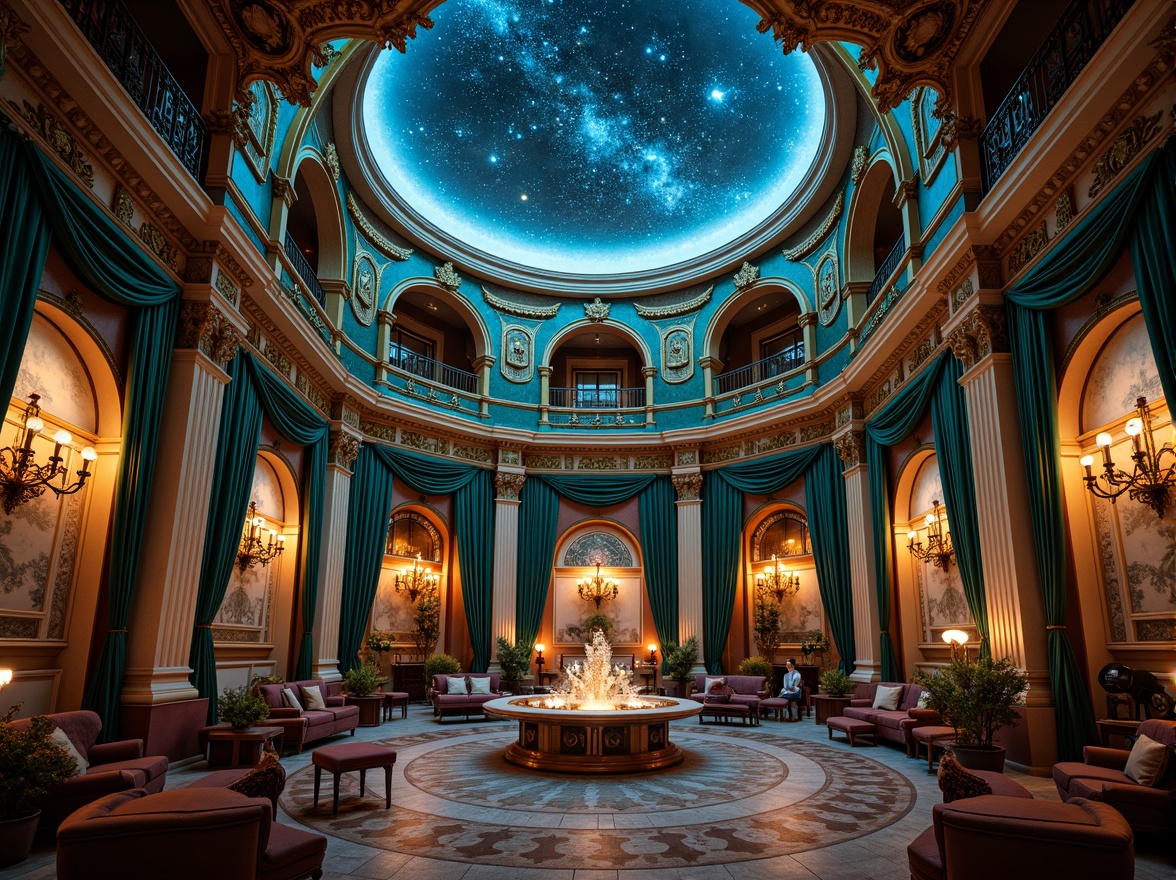 Prompt: Celestial planetarium, lavish Baroque ornamentation, rich jewel-toned colors, deep blues, emerald greens, amethyst purples, gold accents, intricate moldings, ornate frescoes, starry night sky, twinkling lights, luxurious velvet drapes, antique astronomical instruments, majestic domed ceiling, grandiose chandeliers, warm golden lighting, soft focus blur, shallow depth of field, 1/2 composition, atmospheric perspective.