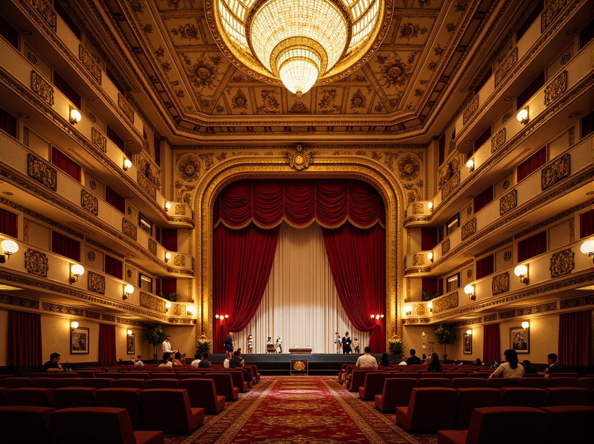 Prompt: Grand opera house, lavish decorations, ornate chandeliers, red velvet curtains, golden balconies, intricate carvings, Baroque-style architecture, ornamental moldings, grand staircases, crystal sconces, luxurious textiles, richly patterned rugs, dramatic lighting effects, warm golden glow, shallow depth of field, 1/1 composition, symmetrical framing, realistic textures, ambient occlusion.