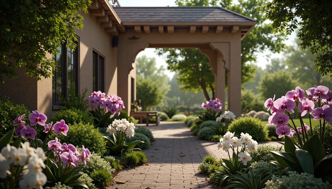 Prompt: Whimsical orchid garden, lush greenery, exotic flowers, delicate petals, soft pink hues, pastel purple shades, creamy whites, warm beige accents, natural wood textures, intricate stone carvings, ornate metalwork, elegant archways, serene ambiance, soft focus, shallow depth of field, 2/3 composition, intimate close-ups, realistic rendering, ambient occlusion.