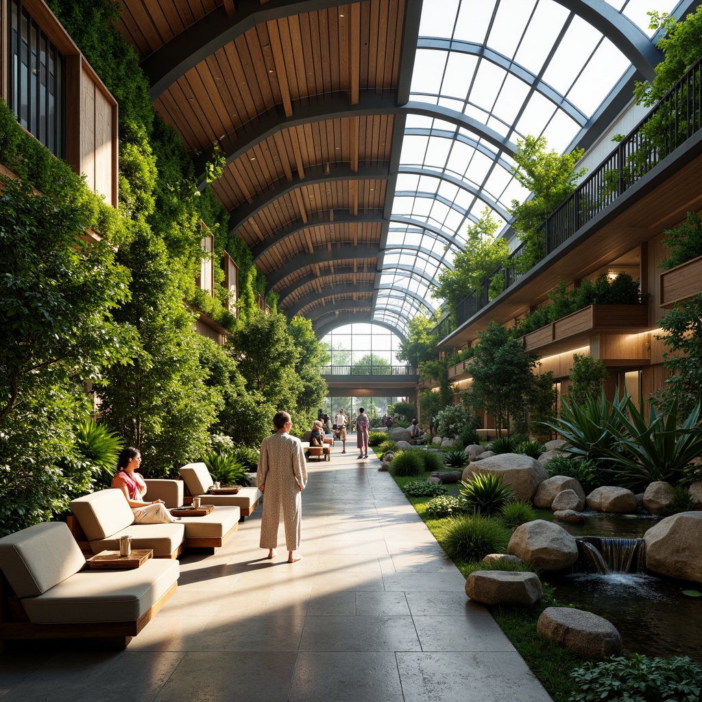 Prompt: Natural light-filled train station, lush green walls, living plants, wooden accents, earthy tones, organic shapes, curved lines, spacious waiting areas, comfortable seating, warm lighting, calming ambiance, peaceful atmosphere, natural stone floors, wood grain textures, botanical patterns, soft music, gentle water features, abundant skylights, airy open spaces, 1/1 composition, harmonious color palette, realistic materials, subtle animations.