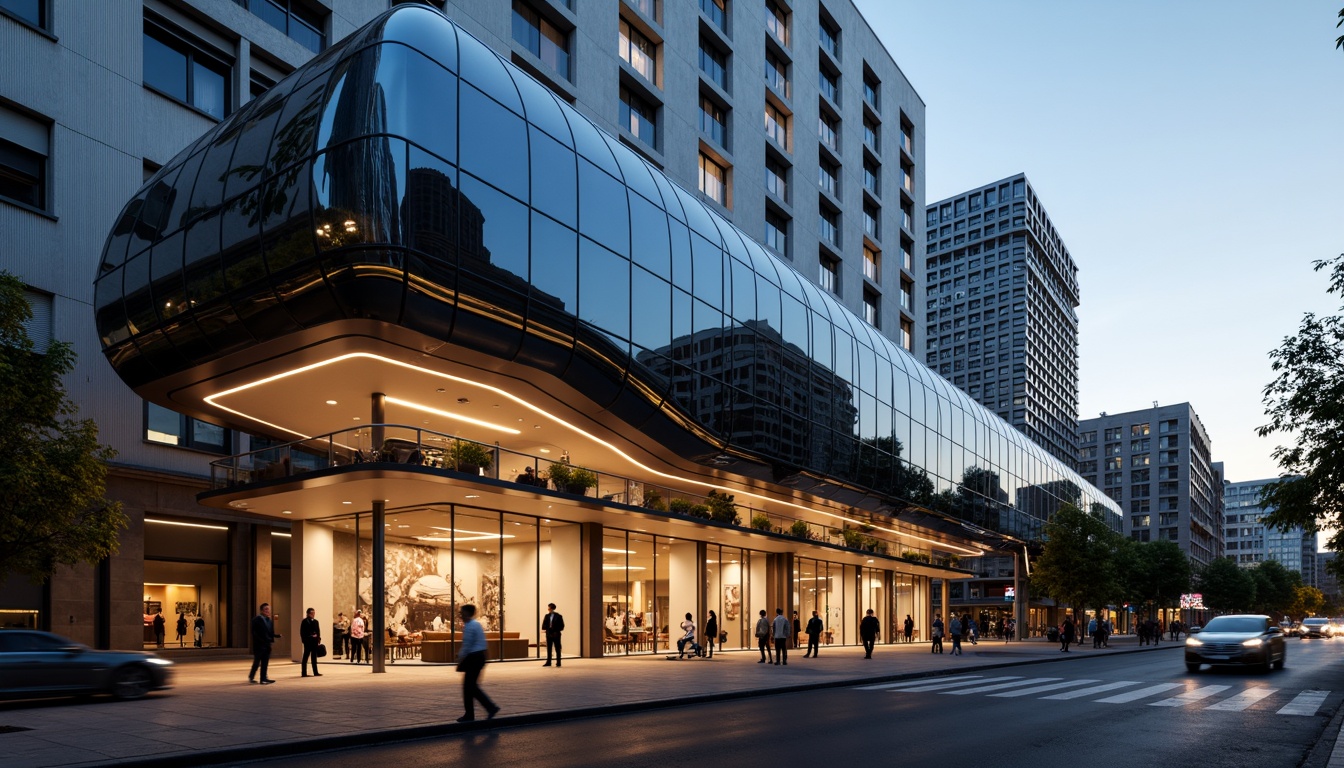 Prompt: Streamlined concert house facade, curved lines, minimalist modern style, glass and metal materials, sleek reflective surfaces, subtle LED lighting, futuristic accents, urban cityscape, busy street scene, evening atmosphere, warm golden lighting, shallow depth of field, 1/1 composition, symmetrical balance, geometric patterns, industrial chic textures, ambient occlusion.