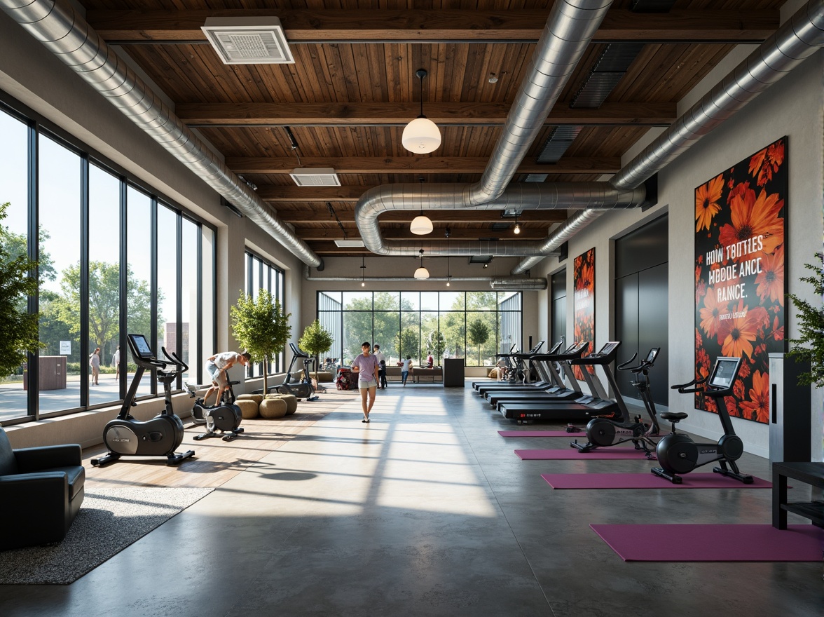 Prompt: Modern fitness center interior, industrial chic aesthetic, exposed ductwork, polished concrete floors, mirrored walls, state-of-the-art equipment, free weights, treadmills, exercise bikes, yoga mats, spacious open areas, natural light pouring in, high ceilings, motivational quotes, sleek reception desk, comfortable lounge seating, refreshing color scheme, energetic atmosphere, dynamic lighting, shallow depth of field, 1/1 composition, realistic textures, ambient occlusion.