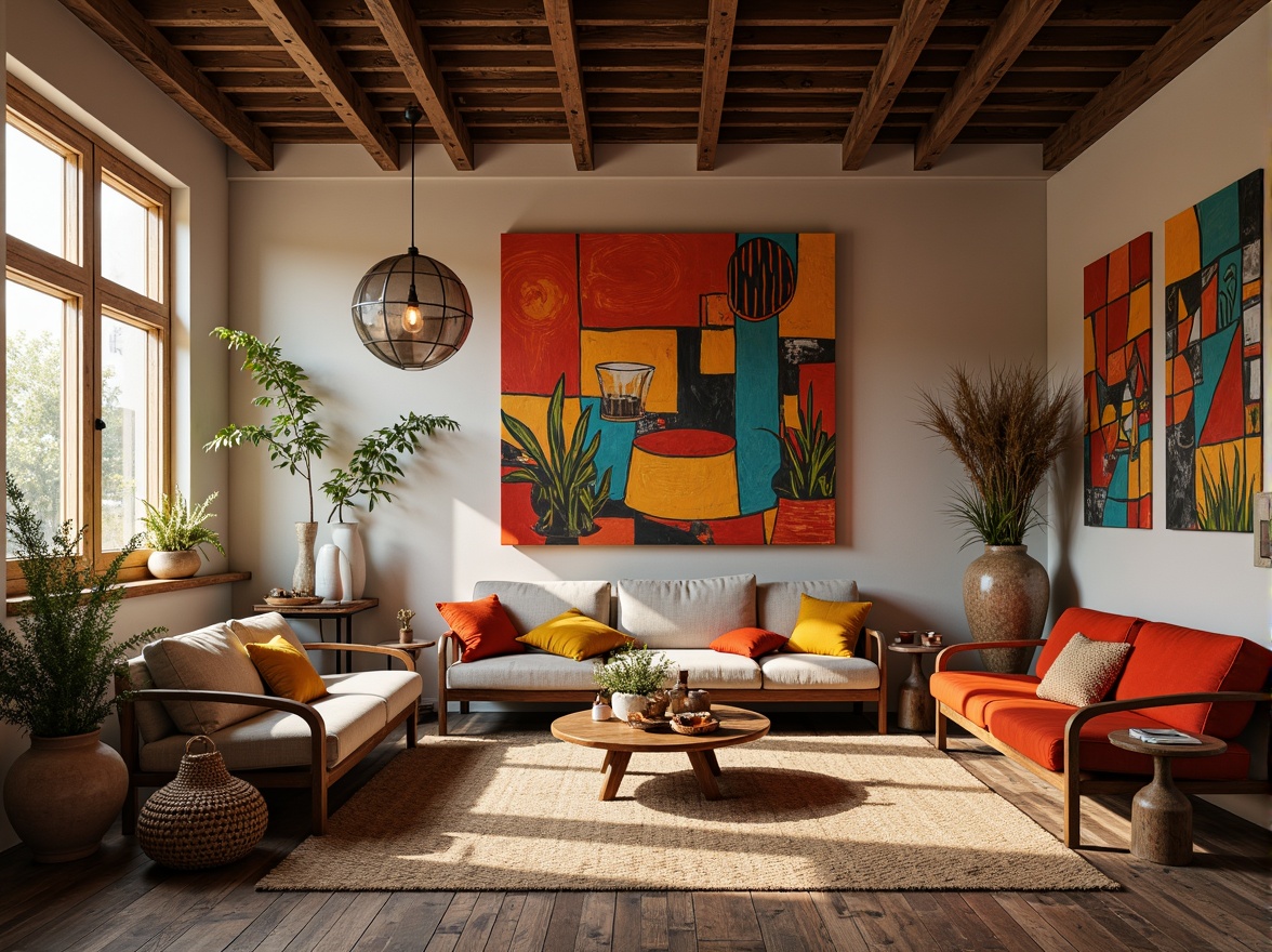 Prompt: Vibrant artistic studio, eclectic furniture pieces, rich wood accents, bold color blocking, abstract expressionist artworks, natural textiles, woven baskets, earthy terracotta vases, industrial metal lighting, distressed wooden floors, modern minimalist decor, warm golden lighting, shallow depth of field, 1/1 composition, realistic textures, ambient occlusion.