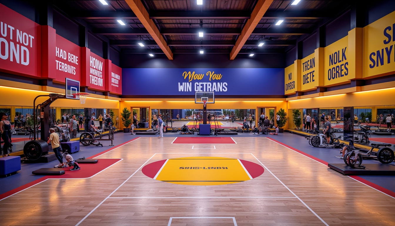 Prompt: Vibrant gymnasium interior, bold color scheme, energetic atmosphere, motivational quotes, sports equipment, basketball hoops, tennis courts, weightlifting areas, cardio machines, mirrored walls, polished wooden floors, modern LED lighting, dynamic shadows, 1/1 composition, high-contrast colors, saturated hues, warm tone, inviting ambiance.