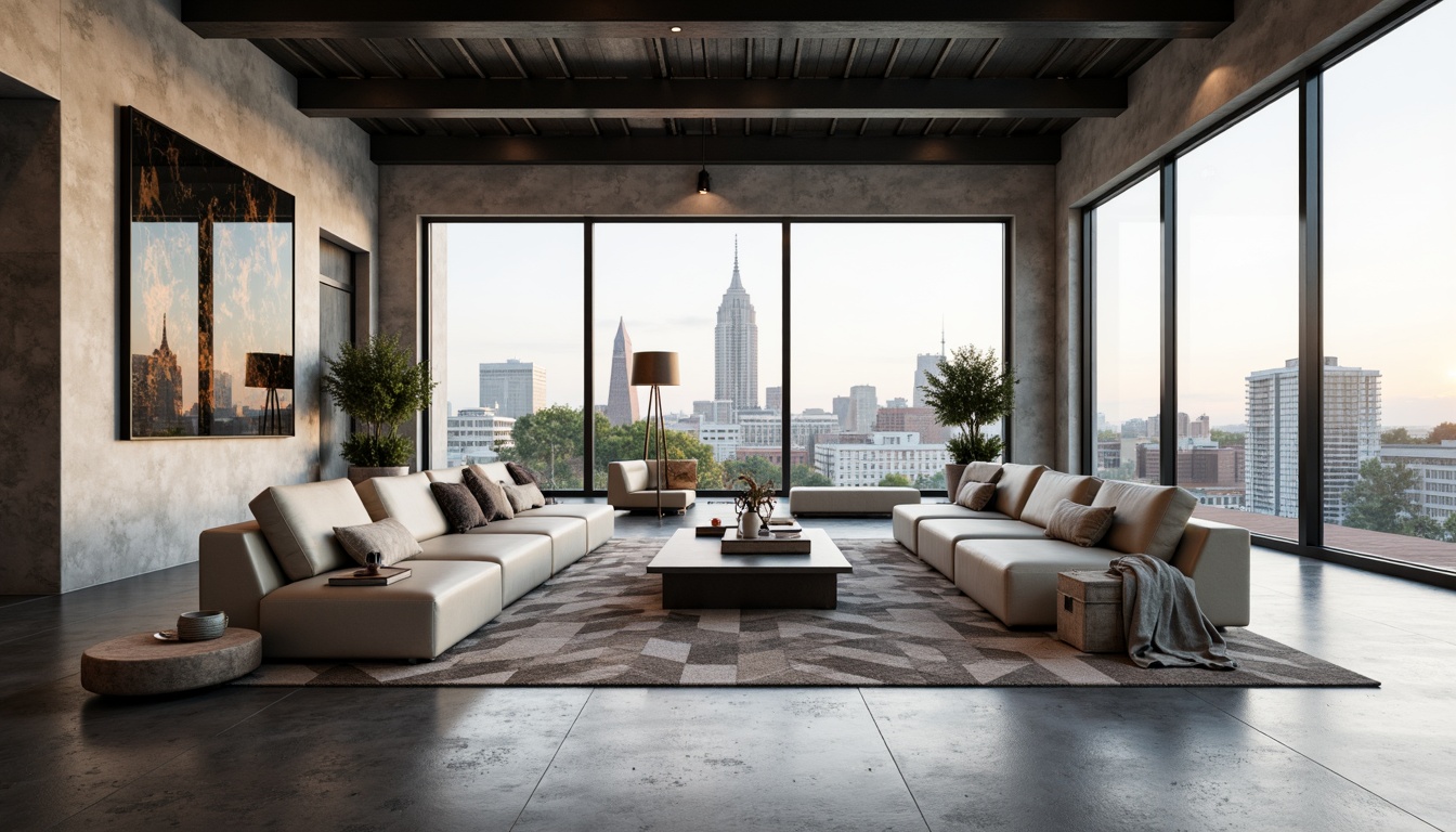 Prompt: Minimalist living room, sleek low-profile furniture, polished concrete floors, industrial metal beams, floor-to-ceiling windows, abundant natural light, urban cityscape views, modern abstract art pieces, geometric patterned rugs, monochromatic color scheme, ambient warm lighting, 1/1 composition, shallow depth of field, realistic textures, soft focus blur.