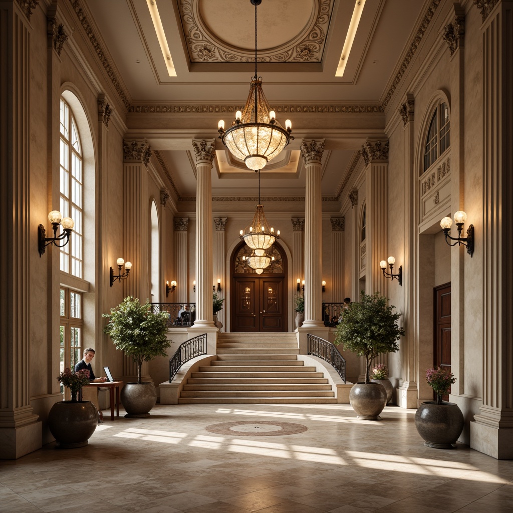 Prompt: Elegant government building, imposing columns, ornate Corinthian capitals, intricate carvings, subtle arches, majestic entrance, polished marble floors, symmetrical facade, classical proportions, grand staircase, lavish chandeliers, soft warm lighting, shallow depth of field, 1/1 composition, realistic textures, ambient occlusion.