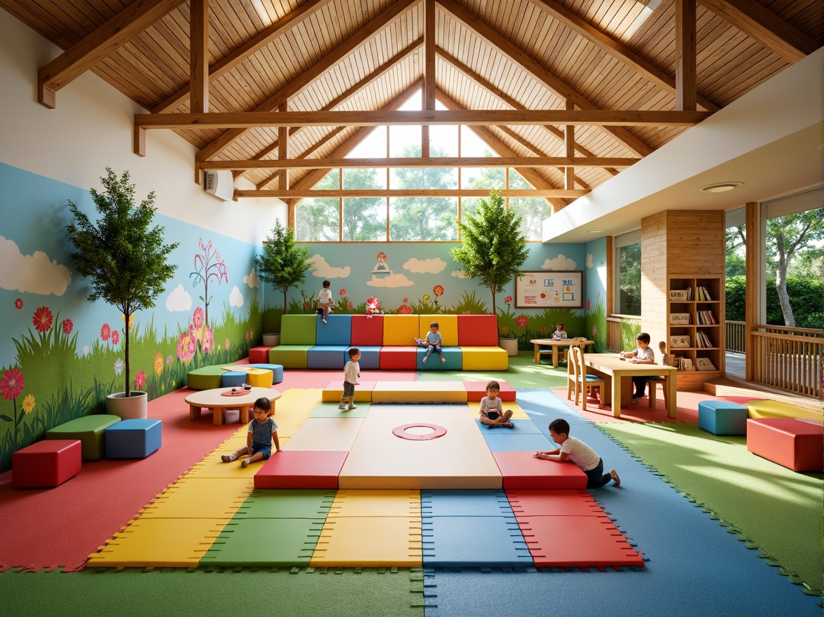 Prompt: Vibrant kindergarten playground, colorful climbing frames, soft padded floors, educational wall murals, interactive whiteboards, circular gathering areas, cozy reading nooks, natural wood furniture, greenery walls, abundant daylight, warm atmospheric lighting, shallow depth of field, 3/4 composition, panoramic view, realistic textures, ambient occlusion.