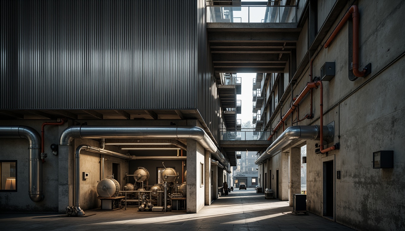 Prompt: Industrial energy plant, metallic structures, corrugated steel walls, reinforced concrete foundations, functional piping systems, mechanical equipment, exposed ductwork, rugged surfaces, distressed finishes, utilitarian design, harsh overhead lighting, dramatic shadows, 3/4 composition, low-angle shot, realistic reflections, ambient occlusion.