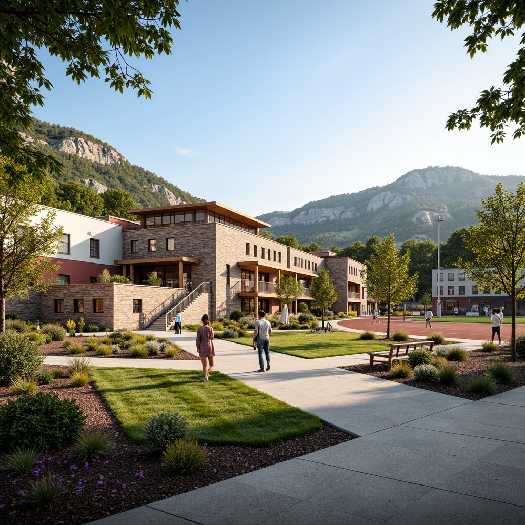 Prompt: Rustic gymnasium building, regionalism style architecture, natural stone fa\u00e7ade, earthy tones, lush greenery, blooming flowers, meandering walkways, wooden benches, outdoor fitness equipment, sports field, running track, athletic stadium seating, modern LED lighting, warm sunny day, soft focus effect, shallow depth of field, 1/2 composition, symmetrical framing, natural textures, ambient occlusion.