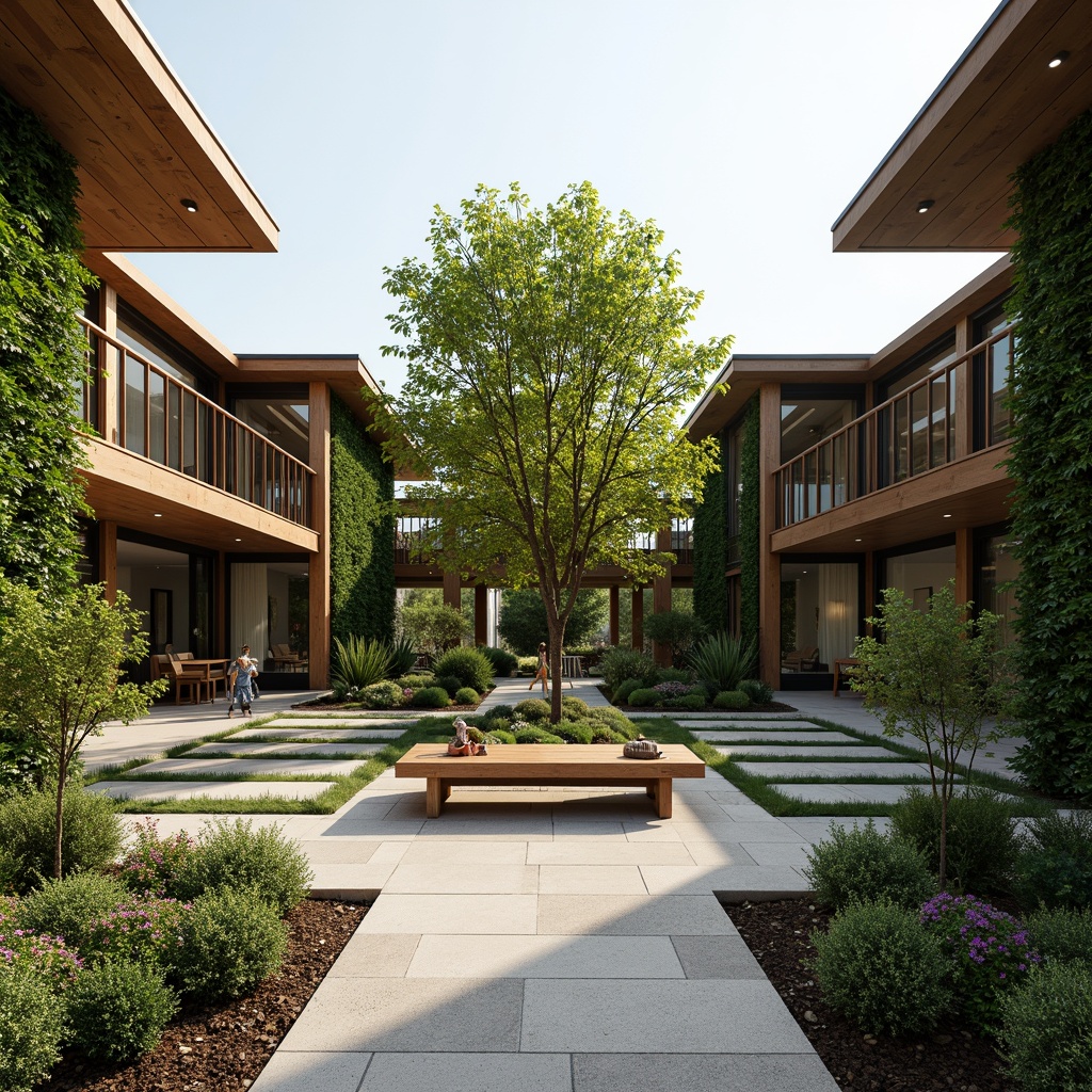 Prompt: Harmonious courtyard, lush green walls, natural stone pathways, wooden benches, outdoor lighting fixtures, cantilevered roofs, floor-to-ceiling windows, sliding glass doors, seamless indoor-outdoor transitions, minimalist landscaping, native plant species, organic forms, earthy color palette, warm sunny day, soft diffused light, 1/1 composition, symmetrical framing, realistic textures, ambient occlusion.Let me know if you need any adjustments!