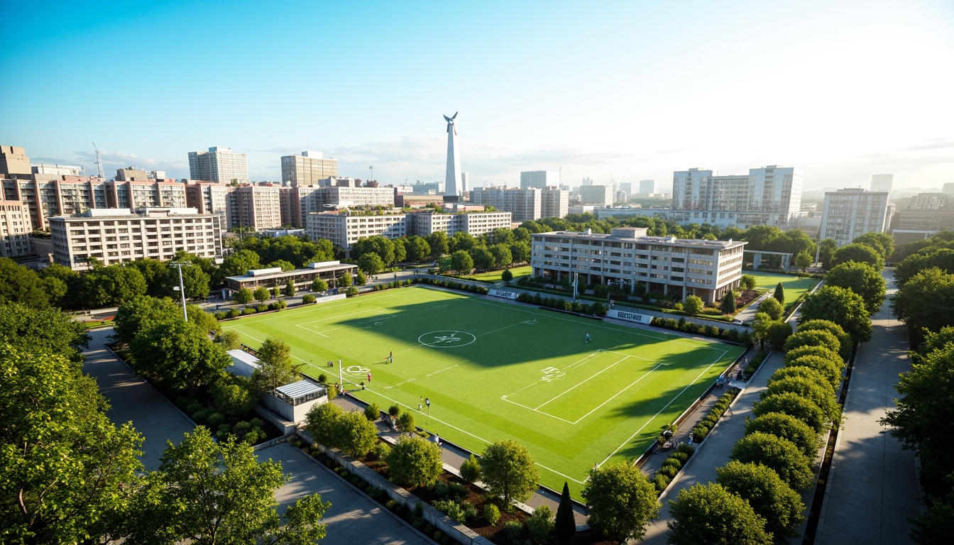 Prompt: Eco-friendly football stadium, lush green roofs, recycled rainwater harvesting, solar panels, wind turbines, natural ventilation systems, energy-efficient LED lighting, recyclable materials, minimal waste construction, organic food vendors, composting toilets, rain gardens, permeable pavement, green walls, living walls, urban biodiversity, vibrant urban landscape, clear blue sky, sunny day, soft warm lighting, shallow depth of field, 3/4 composition, panoramic view, realistic textures, ambient occlusion.