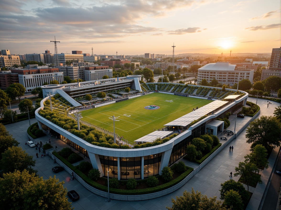 Prompt: Eco-friendly football stadium, lush green roofs, solar panels, wind turbines, rainwater harvesting systems, recycling facilities, natural ventilation systems, large windows, minimal material usage, low-carbon concrete structures, LED floodlights, energy-efficient systems, green spaces, urban gardens, public art installations, community engagement areas, modern angular architecture, cantilevered seating, transparent facades, open-air concourses, dramatic sunsets, soft warm lighting, shallow depth of field, 3/4 composition, panoramic view, realistic textures, ambient occlusion.