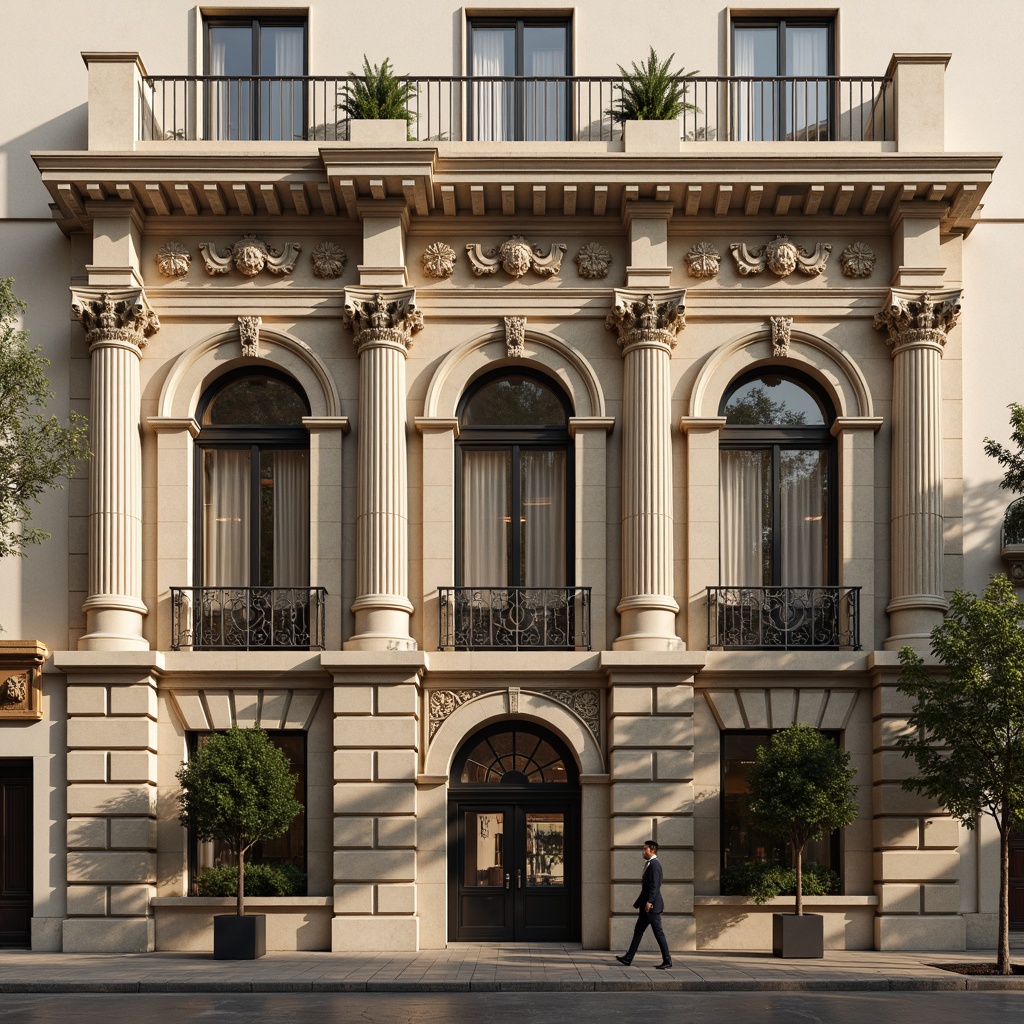 Prompt: Ornate facade, grandeur columns, intricately carved stonework, symmetrical architecture, ornamental balustrades, rusticated quoins, arched windows, classical pilasters, richly decorated cornices, subtle weathered stone, warm beige tones, soft afternoon light, shallow depth of field, 1/2 composition, realistic textures, ambient occlusion.