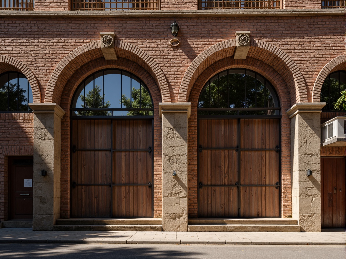 Prompt: Rustic warehouse facade, exposed brick walls, Romanesque arches, ornate stone carvings, distressed metal doors, vintage industrial windows, worn wooden accents, earthy color palette, warm natural lighting, dramatic shadows, 1/2 composition, symmetrical framing, atmospheric perspective, rich textures, subtle ambient occlusion.