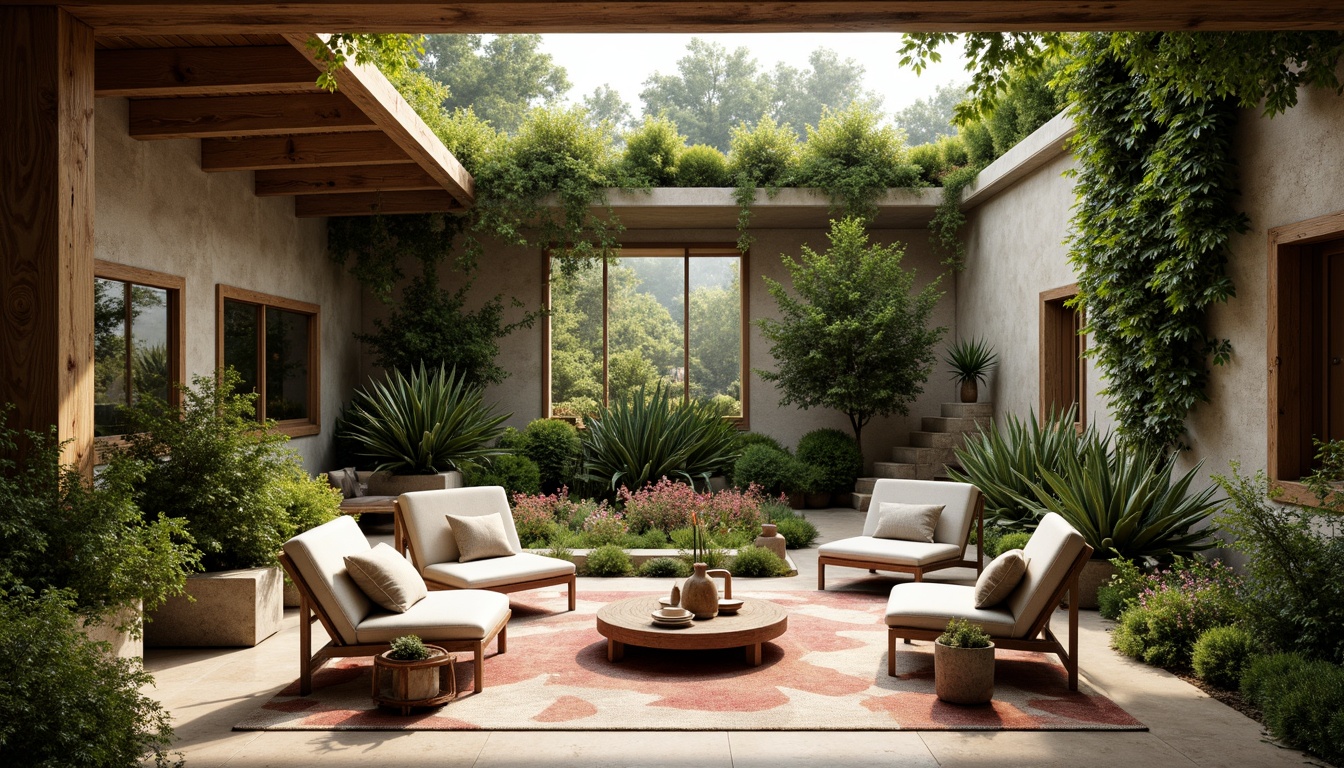 Prompt: Earthy tone, natural ambiance, organic shapes, reclaimed wood accents, living green walls, lush foliage, soft morning light, warm beige tones, earthy red hues, moss-covered stones, weathered metal elements, rustic textures, cozy nooks, curved lines, nature-inspired patterns, muted color scheme, soothing atmosphere, serene escape.