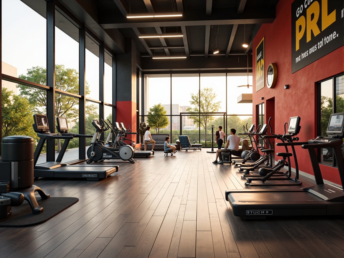 Prompt: Modern fitness club interior, high ceilings, expansive windows, natural light pouring in, wooden floors, mirrored walls, sleek equipment, vibrant color accents, motivational quotes, calm ambiance, soft warm lighting, 1/2 composition, shallow depth of field, realistic textures, ambient occlusion.