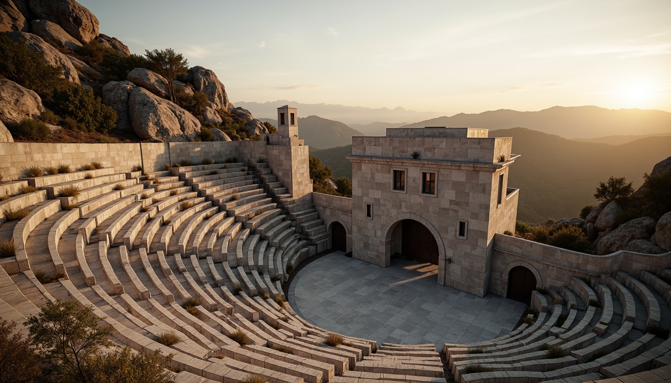 Prompt: Rugged amphitheater, brutalist architecture, raw concrete walls, weathered stone seats, natural rock formations, dramatic landscape, vast open sky, warm golden lighting, soft shadows, diffused sunlight, subtle gradient effects, high contrast ratios, cinematic atmosphere, bold geometric shapes, minimalist decor, earthy color palette, organic textures, natural materials, dramatic arches, monumental staircases, grand entranceways, sweeping curves, imposing structural elements, atmospheric misting.