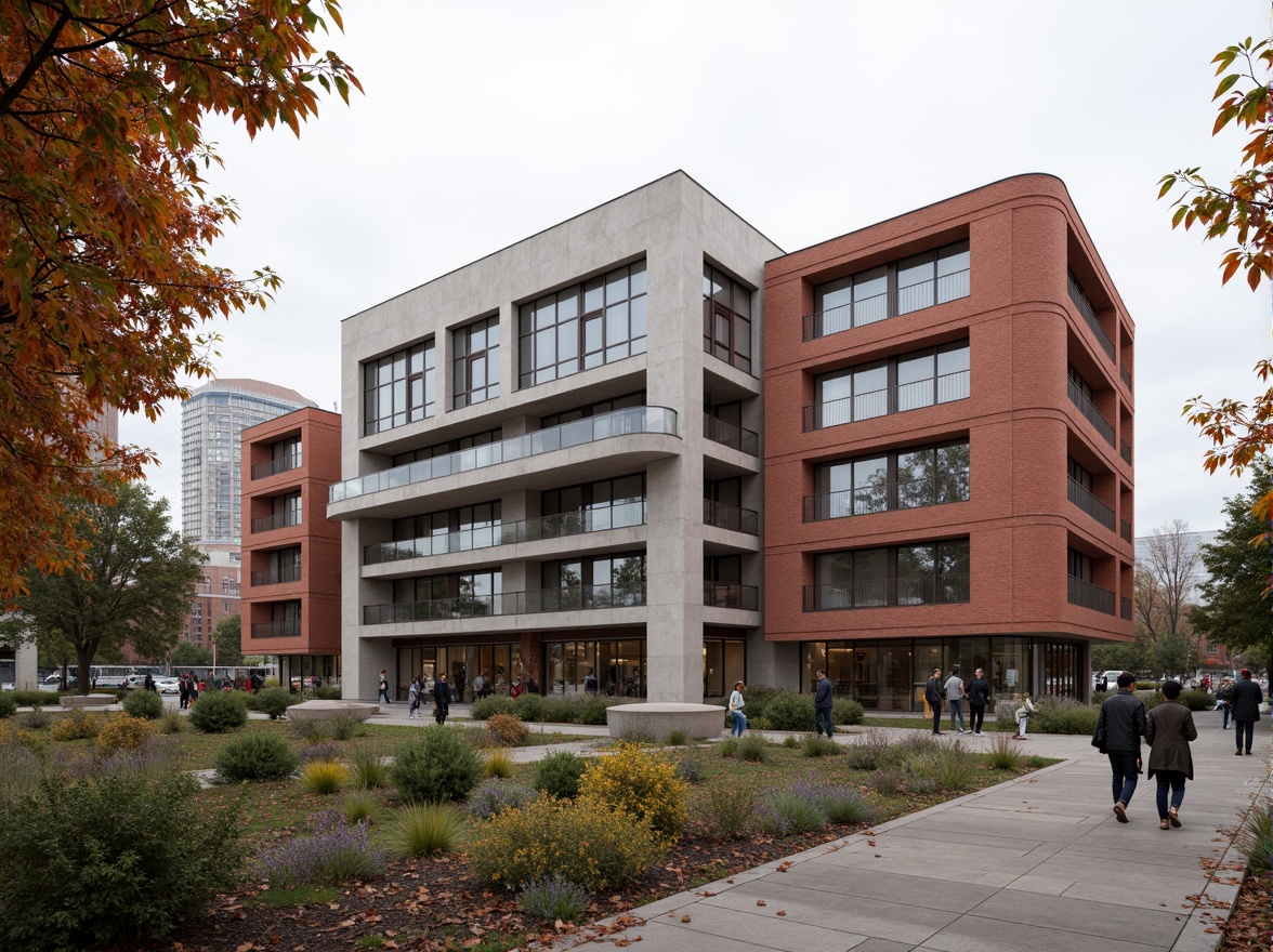 Prompt: Rustic university building, constructivist facade, brutalist concrete walls, bold geometric shapes, industrial metal accents, vibrant red brick tones, modernist glass windows, abstract sculptural details, asymmetrical composition, dynamic angular lines, Soviet-inspired architectural elements, urban campus setting, busy student activity, natural stone pathways, autumn foliage, overcast sky, soft diffused lighting, shallow depth of field, 2/3 composition, realistic textures, ambient occlusion.