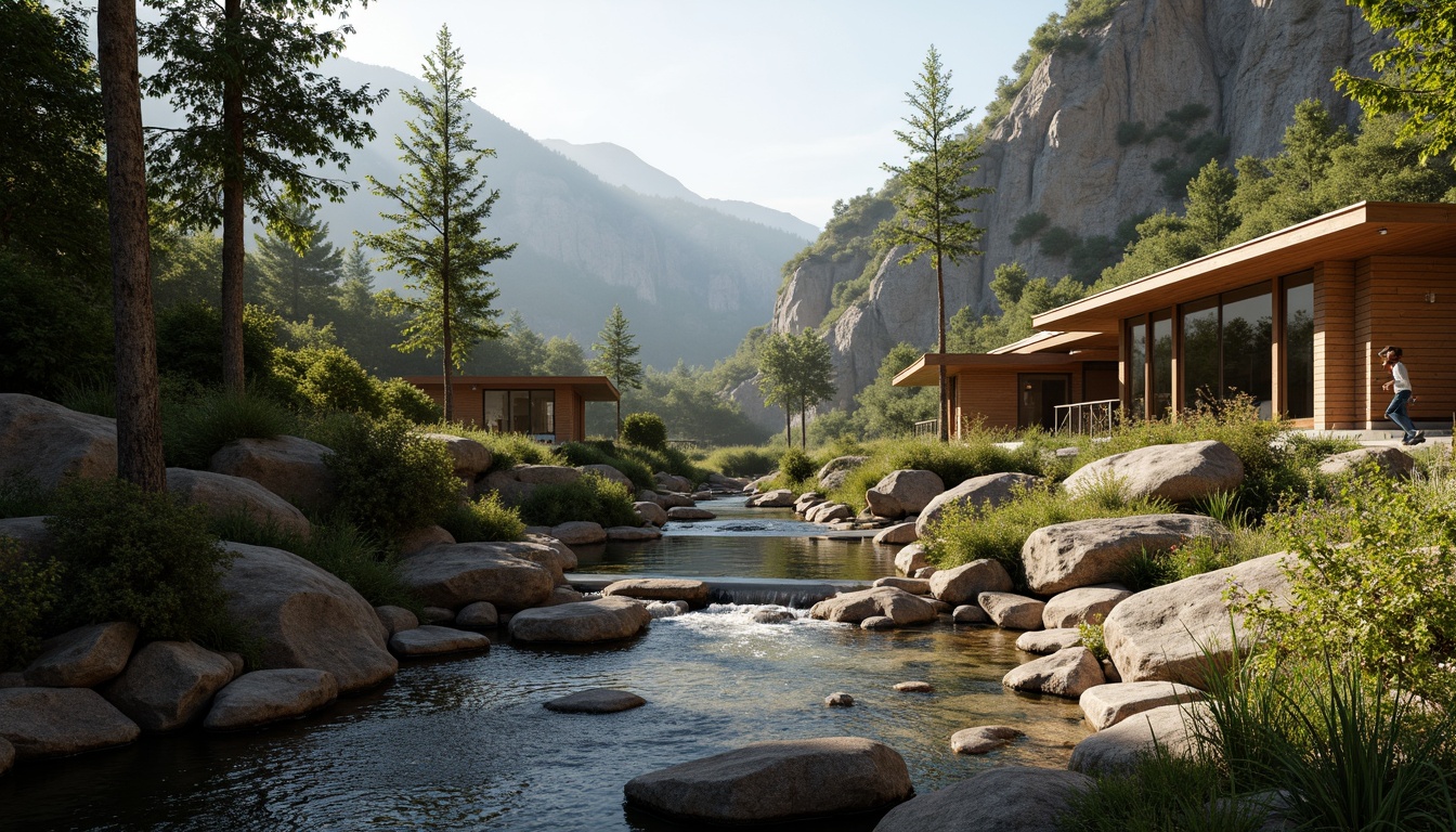 Prompt: Rustic mountainous terrain, meandering streams, lush green forests, towering trees, granite boulders, wooden bridges, modern minimalist architecture, cantilevered roofs, large windows, sliding glass doors, natural stone walls, earthy color palette, warm afternoon sunlight, soft misty atmosphere, shallow depth of field, 1/1 composition, panoramic view, realistic textures, ambient occlusion.