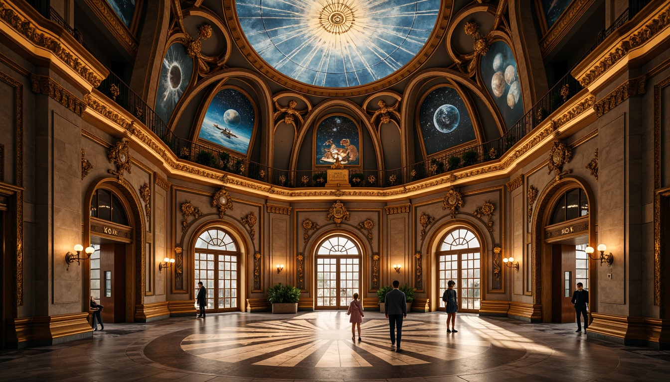 Prompt: Intricate planetarium facade, ornate Baroque details, gilded accents, celestial body patterns, astronomical instruments, grand entrance archways, sweeping curves, opulent ornaments, lavish frescoes, starry night sky projections, richly textured stone walls, polished marble floors, dramatic spotlights, warm golden lighting, 1/1 composition, symmetrical arrangement, high-contrast shading, realistic reflections.