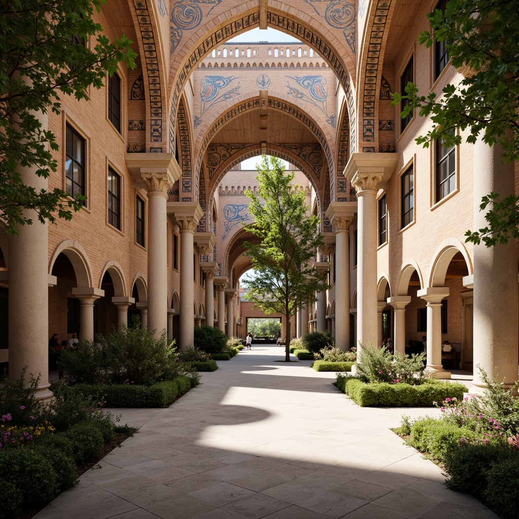 Prompt: Intricate Byzantine arches, ornate stone carvings, vibrant mosaic patterns, grand entranceways, imposing columns, rustic brick walls, medieval-inspired architecture, middle school courtyard, lush greenery, blooming flowers, sunny day, soft warm lighting, shallow depth of field, 3/4 composition, panoramic view, realistic textures, ambient occlusion.