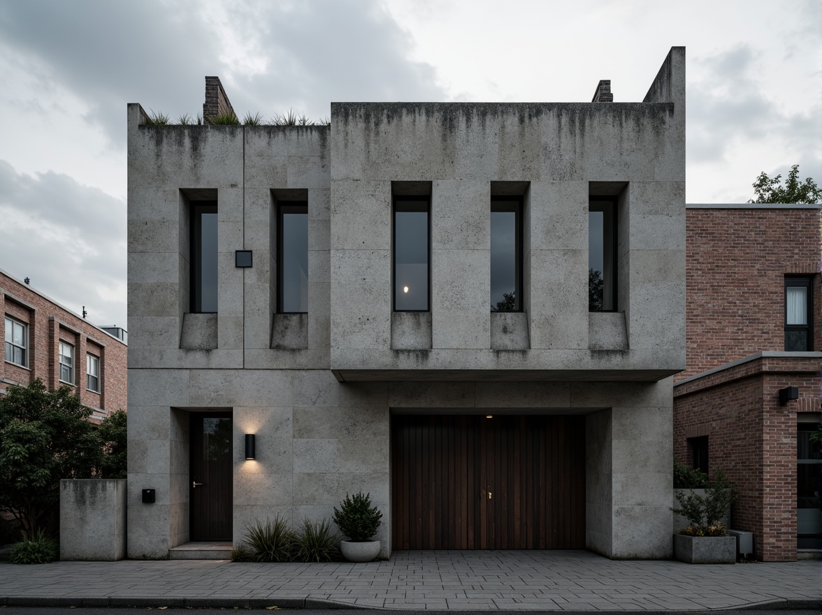 Prompt: Rugged brutalist house, fortified concrete walls, angular geometric forms, fortress-like structure, narrow windows, industrial metal doors, raw unfinished surfaces, urban cityscape background, overcast cloudy day, dramatic high-contrast lighting, deep shadows, 1-point perspective composition, cinematic camera angles, gritty realistic textures, ambient occlusion.