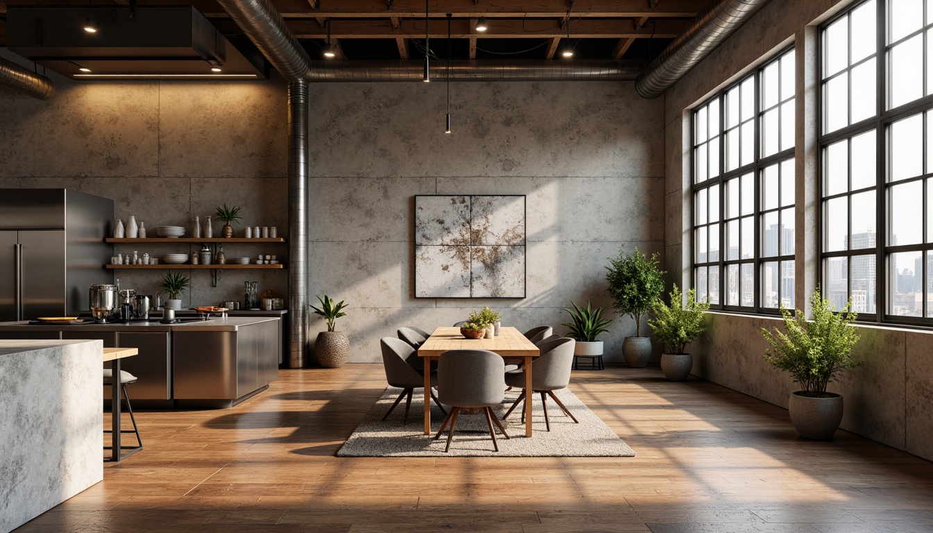 Prompt: Rustic textured walls, plastered concrete finish, earthy tone colors, industrial chic aesthetic, modern minimalist decor, sleek metal accents, polished wooden floors, natural stone countertops, urban loft atmosphere, dramatic high ceilings, large windows, soft warm lighting, shallow depth of field, 3/4 composition, realistic textures, ambient occlusion.