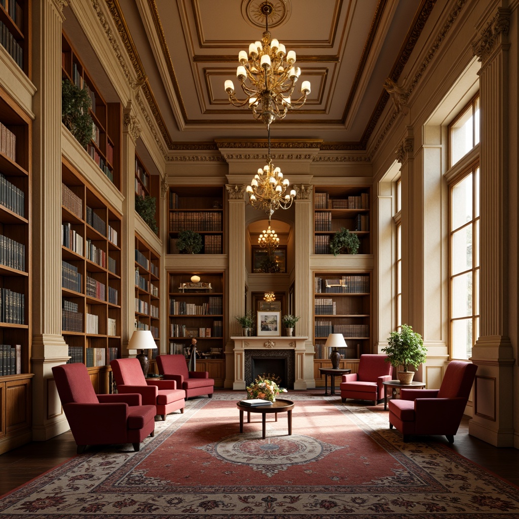 Prompt: Elegant neoclassical library, rich wood tones, ornate details, sophisticated color scheme, warm beige walls, cream-colored columns, soft golden lighting, plush crimson armchairs, walnut bookshelves, leather-bound tomes, intricate moldings, high ceilings, grand chandeliers, subtle texture overlays, atmospheric fog effects, shallow depth of field, 1/2 composition, realistic renderings, ambient occlusion.