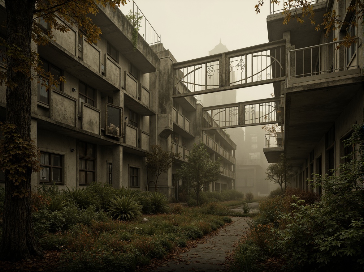 Prompt: Mysterious industrial landscape, overgrown vegetation, twisted metal structures, Gothic-inspired architecture, intricate stone carvings, stained glass windows, dramatic foggy atmosphere, warm golden lighting, shallow depth of field, 1/1 composition, symmetrical framing, eerie misty effects, realistic textures, ambient occlusion.