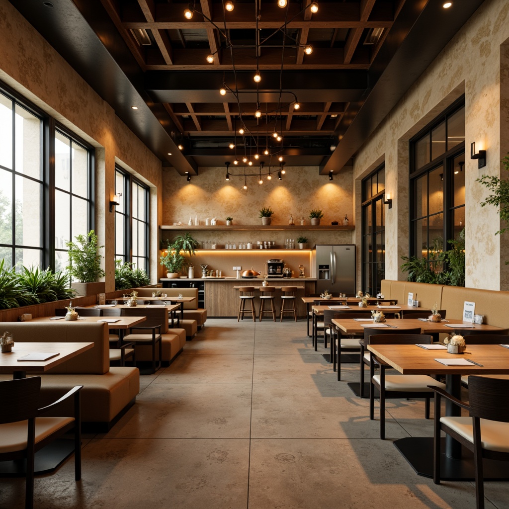 Prompt: Cozy restaurant interior, modern minimalist decor, sleek wooden tables, comfortable cushioned chairs, elegant pendant lighting, warm beige walls, polished concrete floors, open kitchen layout, stainless steel appliances, culinary island, dining booths, intimate corner seating, lush greenery, natural stone accents, industrial metal beams, high ceilings, soft warm ambiance, shallow depth of field, 1/2 composition, realistic textures, ambient occlusion.