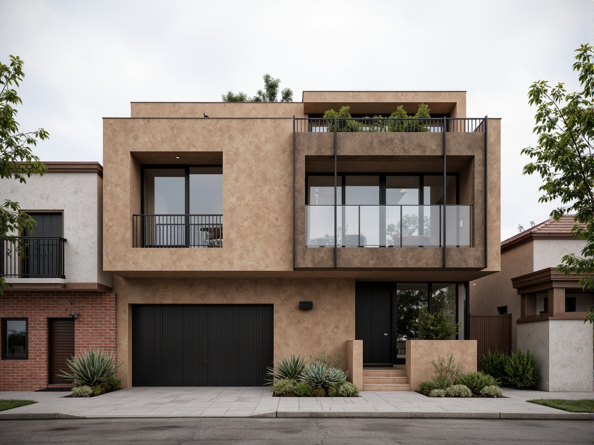 Prompt: Rustic modern building, plastered concrete walls, rough textured finish, earthy tone color palette, industrial chic aesthetic, minimalist ornamentation, sleek metal accents, large glass windows, natural light illumination, urban cityscape backdrop, overcast sky, soft diffused lighting, 1/2 composition, shallow depth of field, realistic material textures, ambient occlusion.