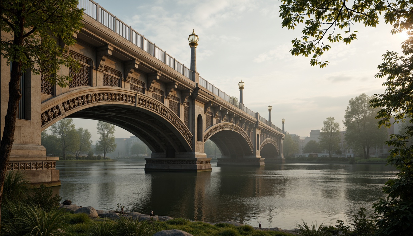 Prompt: \Majestic bridge structure, Byzantine-inspired arches, ornate stone carvings, grand pillars, intricate mosaic patterns, golden accents, ornamental railings, gentle water flow, serene riverbank, lush greenery, misty morning light, soft warm glow, shallow depth of field, 3/4 composition, panoramic view, realistic textures, ambient occlusion.\