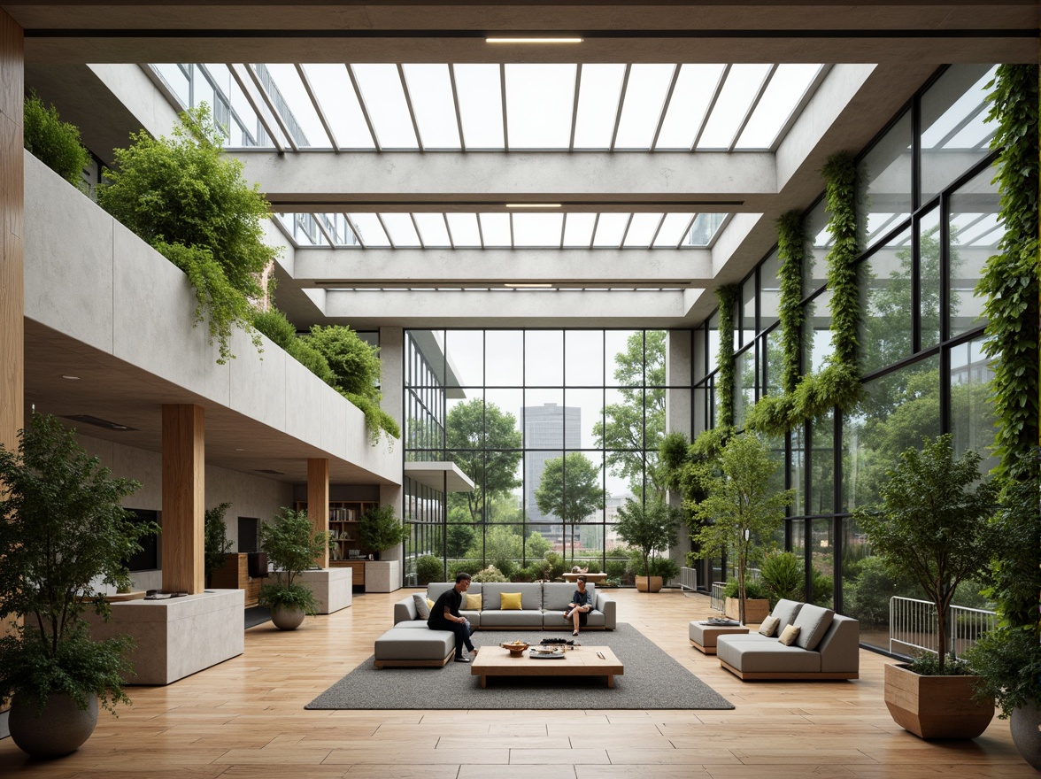 Prompt: Spacious open-plan office, high ceilings, large windows, natural ventilation systems, operable skylights, clerestory windows, green roofs, living walls, vertical gardens, bamboo flooring, minimal decorative elements, earthy color palette, abundant natural light, soft diffused lighting, gentle breeze, comfortable temperature range, increased oxygen flow, reduced energy consumption, eco-friendly design, sustainable architecture, modern minimalist style, urban landscape view, cloudy sky, early morning atmosphere, shallow depth of field, 1/1 composition.