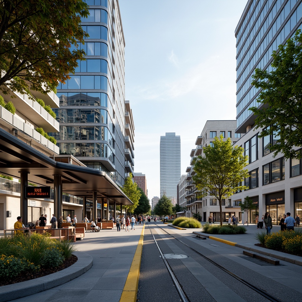 Prompt: Modern tram station, sleek glass roofs, energy-efficient LED lighting, solar panels, green walls, recycled materials, sustainable architecture, minimalist design, spacious waiting areas, comfortable seating, real-time information displays, intuitive wayfinding systems, vibrant urban landscape, bustling city atmosphere, warm natural light, shallow depth of field, 1/1 composition, panoramic view, realistic textures, ambient occlusion.