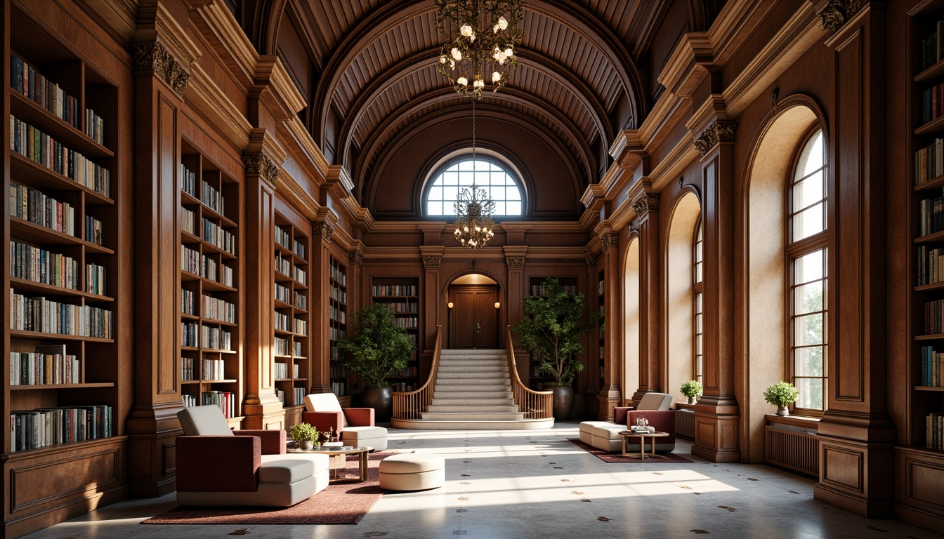 Prompt: Grandiose library interior, symmetrical composition, neoclassical architecture, ornate columns, sweeping arches, intricate moldings, high ceilings, lavish chandeliers, rich wood paneling, leather-bound books, comfortable reading nooks, subtle natural lighting, soft warm tones, elegant furnishings, polished marble floors, grand staircase, imposing entrance, classical proportions, harmonious balance, serene atmosphere, shallow depth of field, 1/2 composition, realistic textures, ambient occlusion.