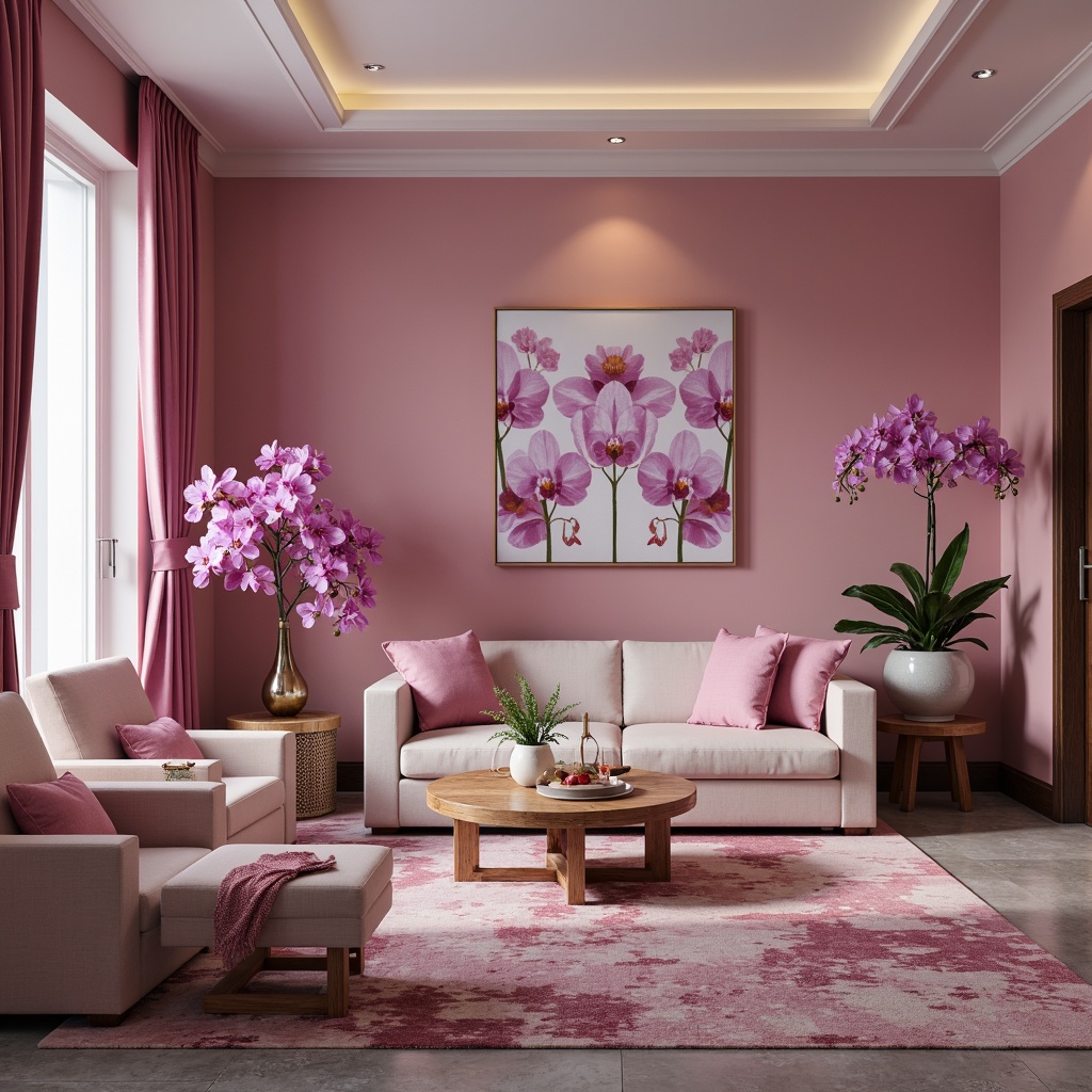 Prompt: Lavish interior design, orchid-inspired color palette, soft pink hues, velvety textures, subtle sheen, elegant furnishings, minimalist decor, modern abstract artwork, sleek metal accents, delicate glassware, luxurious fabrics, plush area rugs, natural stone floors, ambient warm lighting, shallow depth of field, 1/1 composition, realistic renderings, intricate patterns.