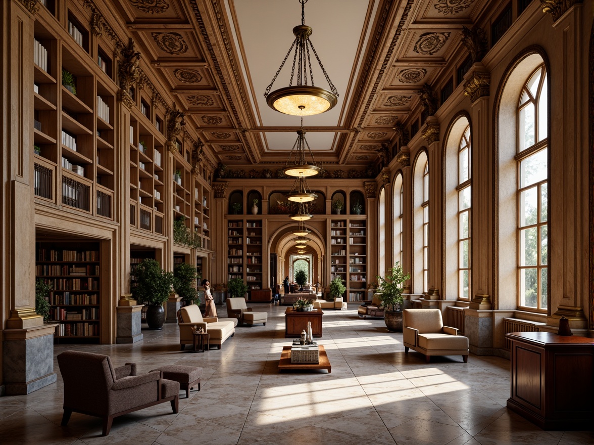 Prompt: Elegant library interior, rich wood tones, ornate moldings, grand chandeliers, soft warm lighting, creamy whites, muted golds, dusty blues, earthy reds, velvety fabrics, leather-bound books, intricate carvings, high ceilings, marble floors, classical columns, symmetrical compositions, realistic textures, ambient occlusion.