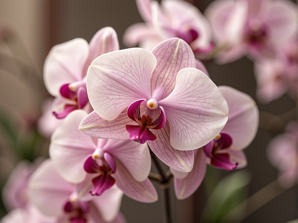 Prompt: Delicate orchid hues, soft pastel shades, creamy whites, rich berry tones, muted greens, warm beige, luxurious velvety textures, ornate metal accents, subtle sheen, ambient softbox lighting, shallow depth of field, 1/2 composition, intimate close-up shot, realistic renderings, elegant minimalist design.