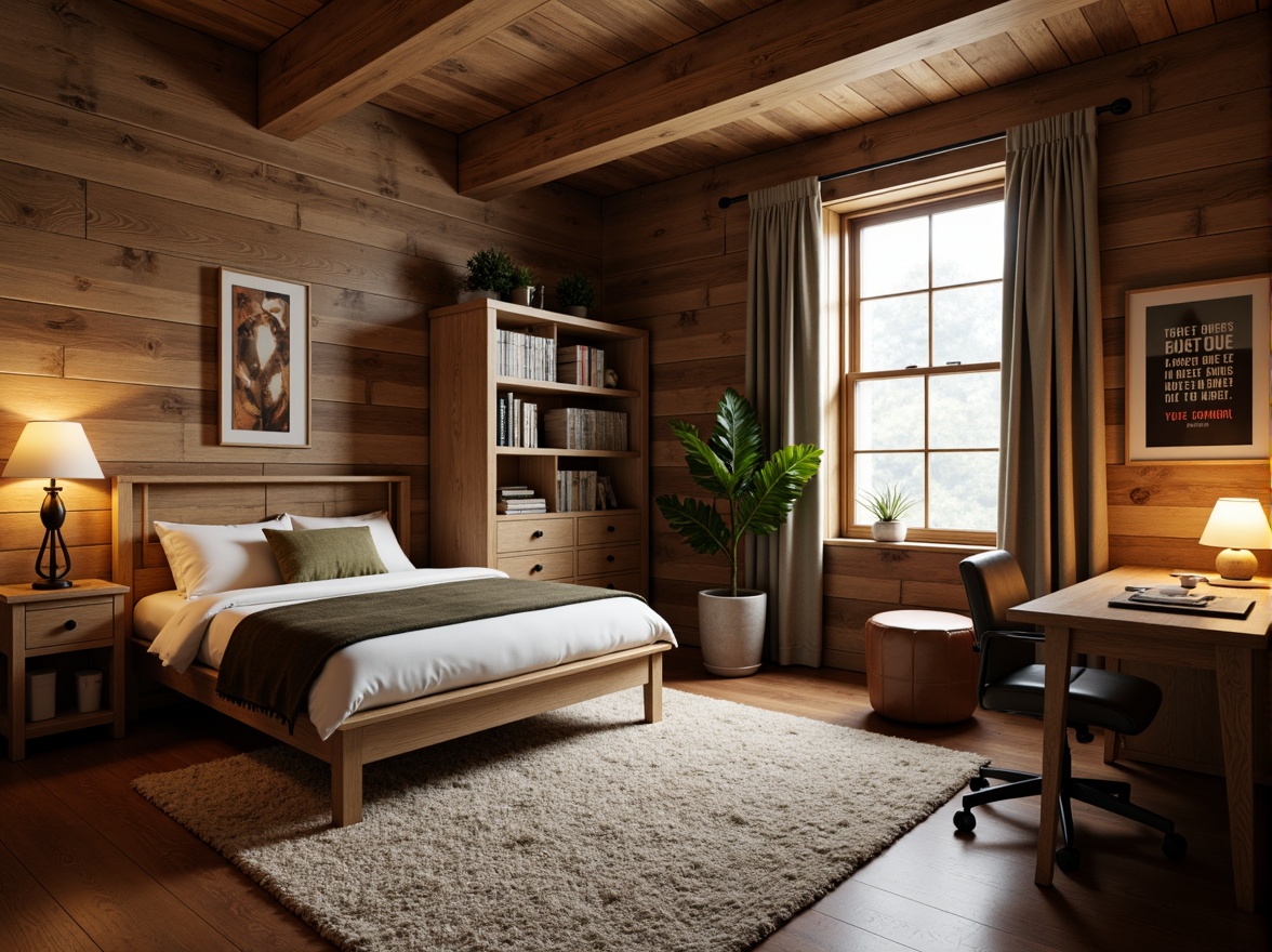 Prompt: Cozy dorm rooms, wooden furniture, plush carpets, comfortable bedding, study desks, ergonomic chairs, floor lamps, bookshelves, inspirational quotes, motivational posters, natural wood accents, earthy color scheme, soft warm lighting, shallow depth of field, 1/1 composition, realistic textures, ambient occlusion.