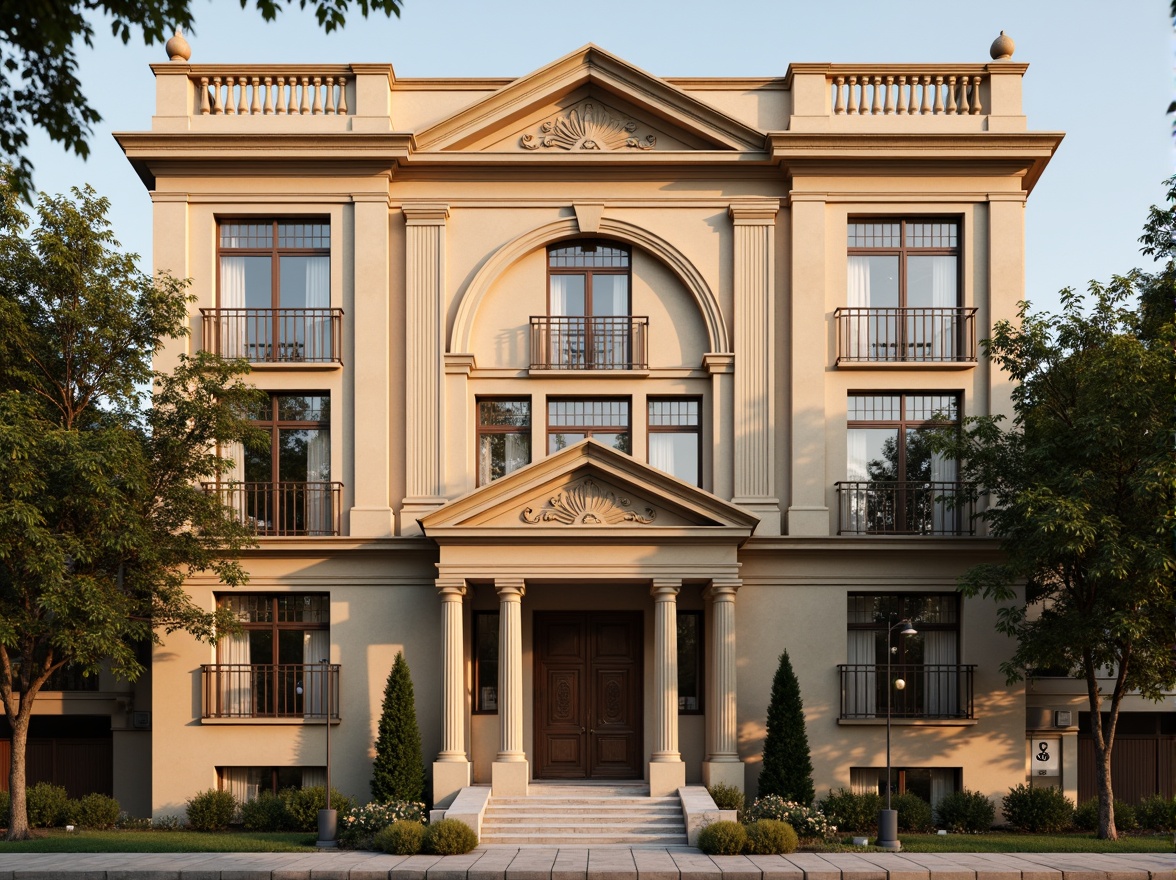 Prompt: Elegant social housing facade, neoclassical architecture style, ornate cornices, decorative pilasters, symmetrical composition, grand entranceways, arched windows, ornamental doorways, wrought iron balconies, classical columns, subtle moldings, earthy color palette, warm beige tones, soft golden lighting, shallow depth of field, 1/2 composition, realistic textures, ambient occlusion.