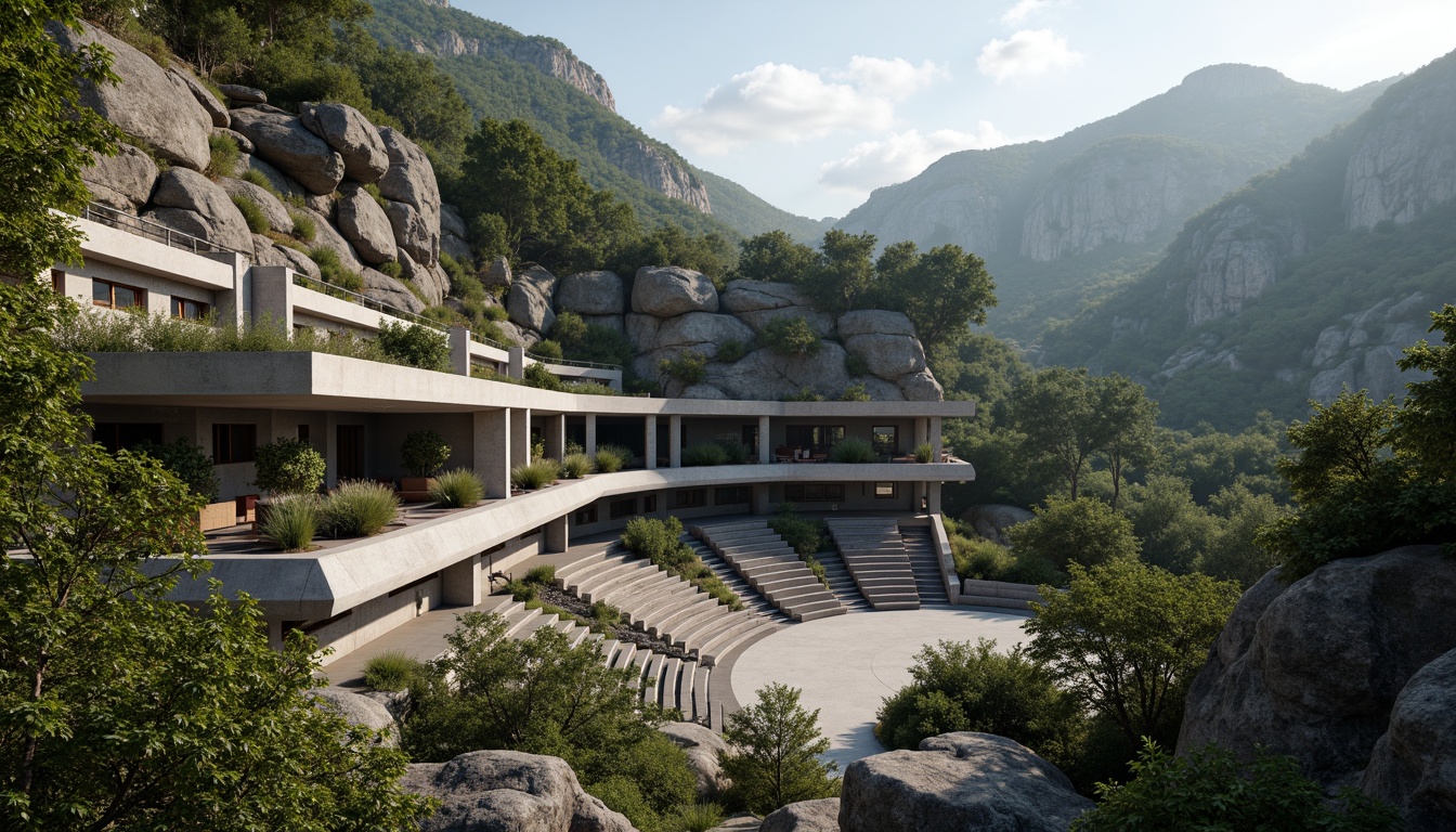 Prompt: Rugged natural landscape, rocky outcrops, dense foliage, brutalist amphitheater architecture, raw concrete structures, bold geometric forms, cantilevered seating areas, descending staircases, integrated planters, lush green roofs, weathered steel accents, monumental scale, dramatic shadows, harsh overhead lighting, cinematic wide-angle views, symmetrical composition, high-contrast textures, atmospheric mist effects.